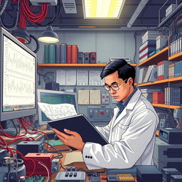 A detailed and intricate illustration of an electrical engineer at work in a bustling laboratory, surrounded by various electronic components like circuit boards, wires, and tools