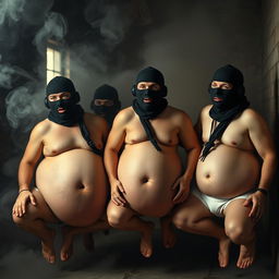 A comical scene depicting four men in Spetsnaz k6-3 helmets, fully covered by balaclavas, appearing topless and in underwear