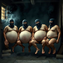 A comical scene depicting four men in Spetsnaz k6-3 helmets, fully covered by balaclavas, appearing topless and in underwear