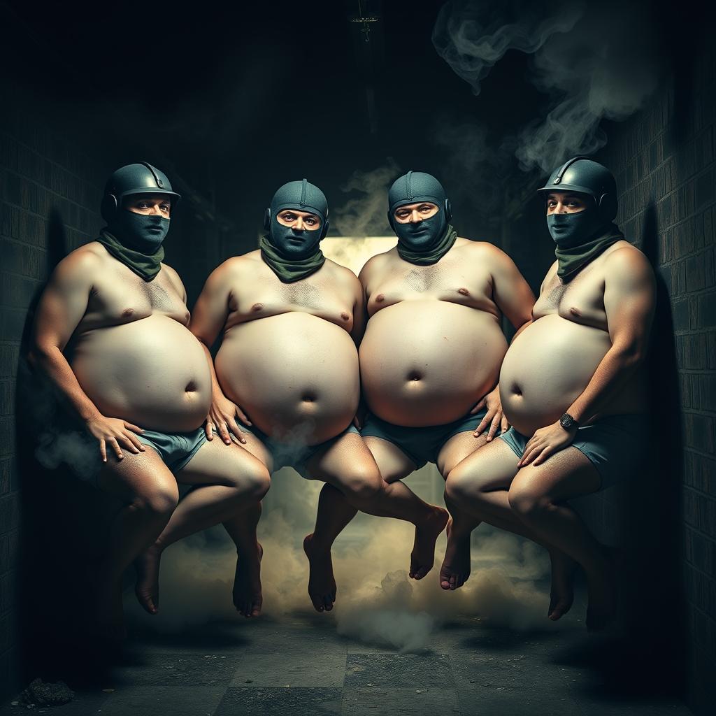 A comical scene depicting four men in Spetsnaz k6-3 helmets, fully covered by balaclavas, appearing topless and in underwear