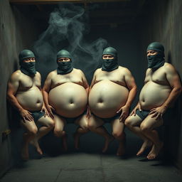 A comical scene depicting four men in Spetsnaz k6-3 helmets, fully covered by balaclavas, appearing topless and in underwear