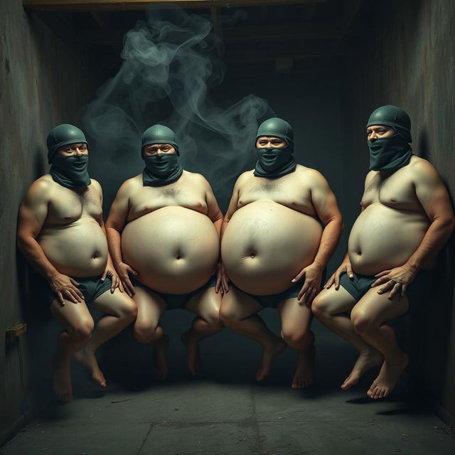 A comical scene depicting four men in Spetsnaz k6-3 helmets, fully covered by balaclavas, appearing topless and in underwear