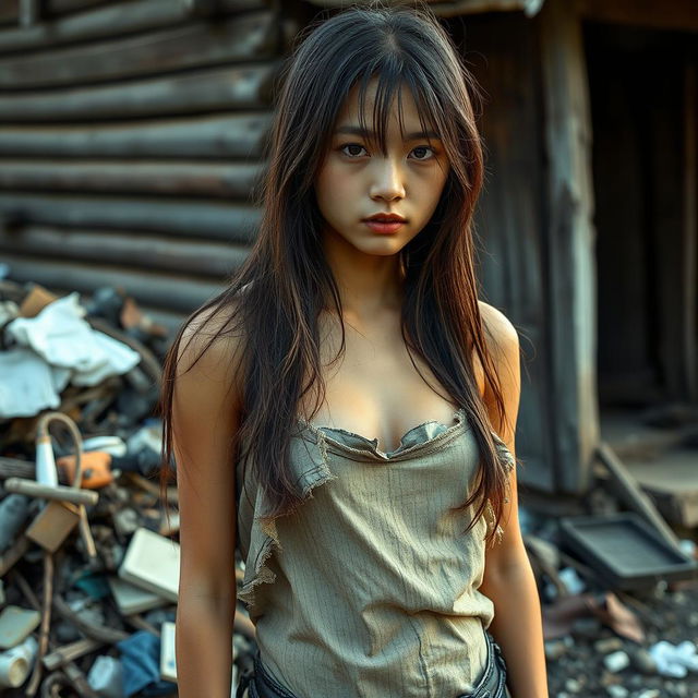 An 18-year-old Asian girl with long, disheveled hair, her face showing a melancholic expression and her eyes reflecting sadness