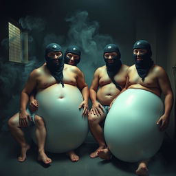 A comedic depiction of four men wearing Spetsnaz k6-3 helmets, fully covering their faces with balaclavas, portrayed topless and in ripped underwear