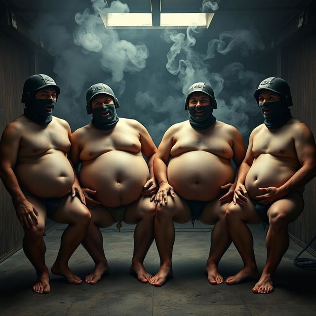 A comedic depiction of four men wearing Spetsnaz k6-3 helmets, fully covering their faces with balaclavas, portrayed topless and in ripped underwear