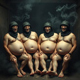 A comedic depiction of four men wearing Spetsnaz k6-3 helmets, fully covering their faces with balaclavas, portrayed topless and in ripped underwear