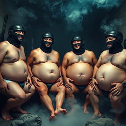 A comedic depiction of four men wearing Spetsnaz k6-3 helmets, fully covering their faces with balaclavas, portrayed topless and in ripped underwear