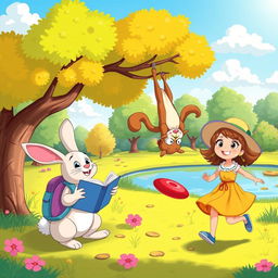 A vibrant and playful cartoon scene depicting a sunny park filled with whimsical animals enjoying their day