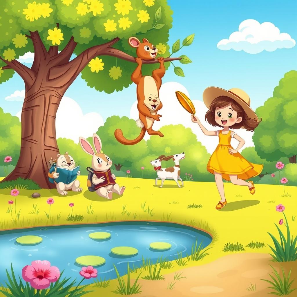 A vibrant and playful cartoon scene depicting a sunny park filled with whimsical animals enjoying their day