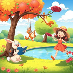 A vibrant and playful cartoon scene depicting a sunny park filled with whimsical animals enjoying their day
