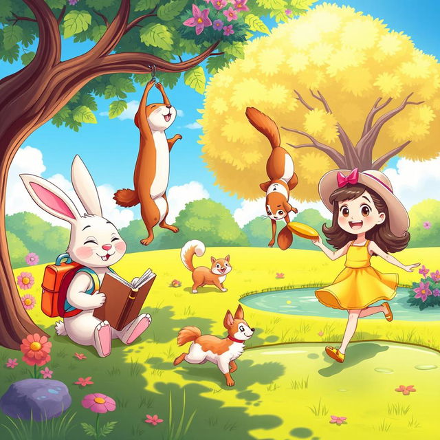 A vibrant and playful cartoon scene depicting a sunny park filled with whimsical animals enjoying their day