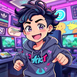 Anime style illustration of a dynamic, energetic Twitch streamer inspired by Kai Cenat