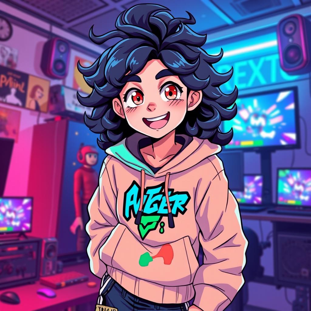 Anime style illustration of a dynamic, energetic Twitch streamer inspired by Kai Cenat