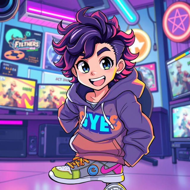 Anime style illustration of a dynamic, energetic Twitch streamer inspired by Kai Cenat