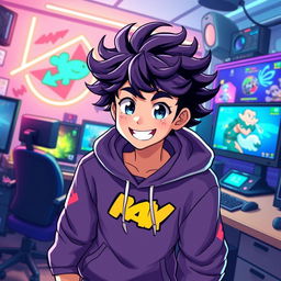 Anime style illustration of a dynamic, energetic Twitch streamer inspired by Kai Cenat