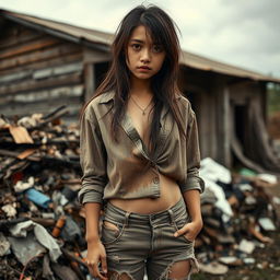 A melancholic Asian girl, aged 18, with long disheveled hair and a sad expression on her face