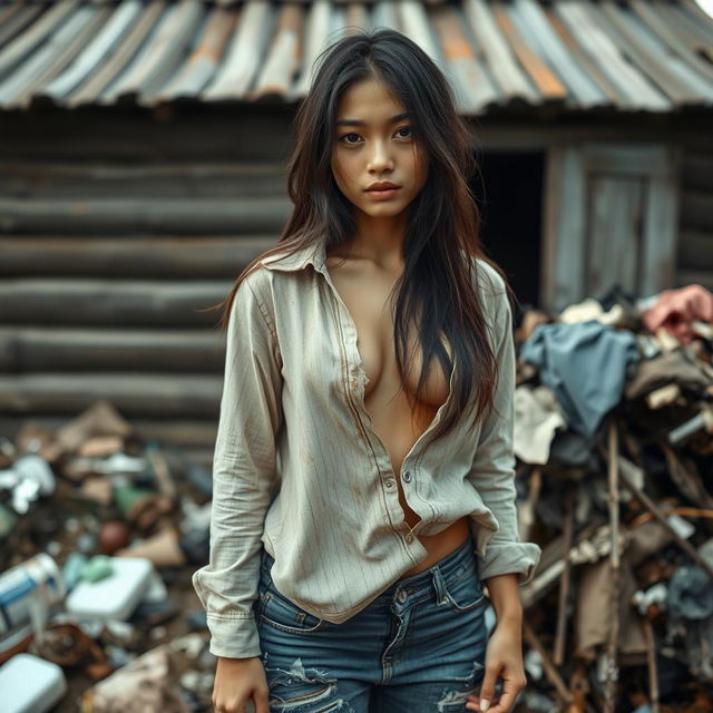 A melancholic Asian girl, aged 18, with long disheveled hair and a sad expression on her face