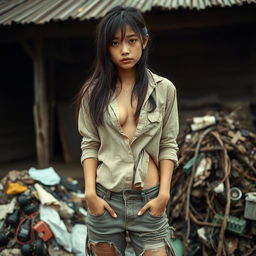 A melancholic Asian girl, aged 18, with long disheveled hair and a sad expression on her face