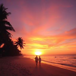 A stunning sunset over a serene beach, with golden sand and gentle waves lapping at the shore