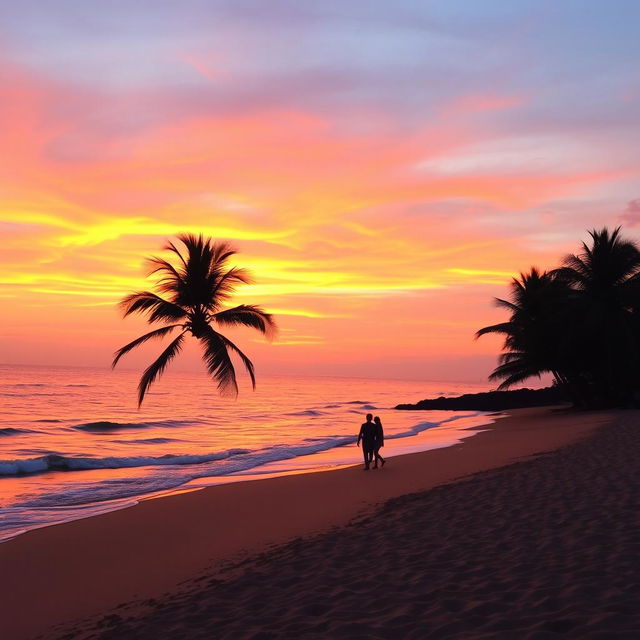 A stunning sunset over a serene beach, with golden sand and gentle waves lapping at the shore