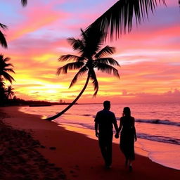 A stunning sunset over a serene beach, with golden sand and gentle waves lapping at the shore