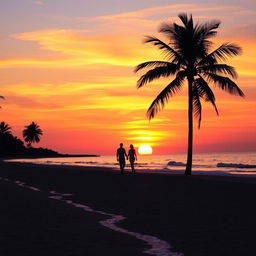 A stunning sunset over a serene beach, with golden sand and gentle waves lapping at the shore