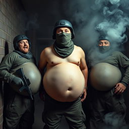 A humorous and exaggerated scene featuring a man dressed in a Spetsnaz k6-3 helmet that completely covers his face, along with a balaclava, depicted as naked