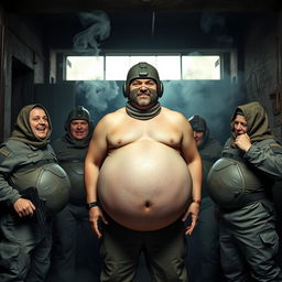 A humorous and exaggerated scene featuring a man dressed in a Spetsnaz k6-3 helmet that completely covers his face, along with a balaclava, depicted as naked
