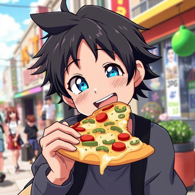 An anime boy with striking black hair and bright blue eyes, joyfully enjoying a giant slice of pizza topped with colorful veggies and melted cheese