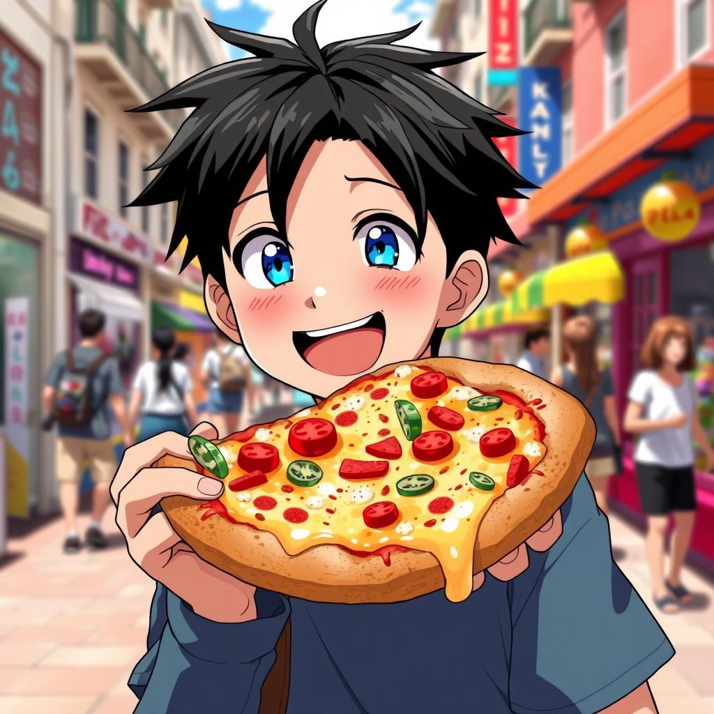An anime boy with striking black hair and bright blue eyes, joyfully enjoying a giant slice of pizza topped with colorful veggies and melted cheese