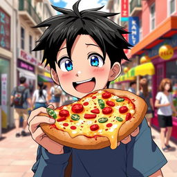 An anime boy with striking black hair and bright blue eyes, joyfully enjoying a giant slice of pizza topped with colorful veggies and melted cheese