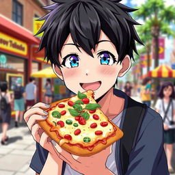 An anime boy with striking black hair and bright blue eyes, joyfully enjoying a giant slice of pizza topped with colorful veggies and melted cheese
