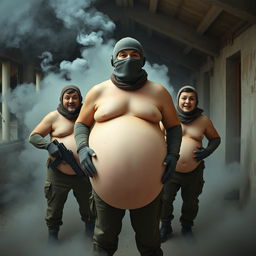 An amusing scenario featuring a man outfitted in a Spetsnaz k6-3 helmet that conceals his entire face, adorned with a balaclava, depicted as entirely naked with a comically inflated, giant round belly from an 'inflate-o-bomb'