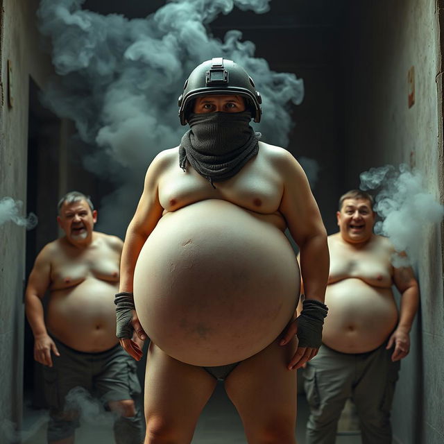 An amusing scenario featuring a man outfitted in a Spetsnaz k6-3 helmet that conceals his entire face, adorned with a balaclava, depicted as entirely naked with a comically inflated, giant round belly from an 'inflate-o-bomb'