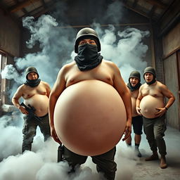 An amusing scenario featuring a man outfitted in a Spetsnaz k6-3 helmet that conceals his entire face, adorned with a balaclava, depicted as entirely naked with a comically inflated, giant round belly from an 'inflate-o-bomb'