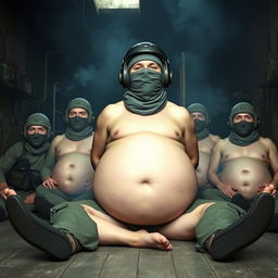 A humorous scene featuring a man wearing a Spetsnaz k6-3 helmet that covers his entire face except for his eyes, complemented by a balaclava, depicted as naked