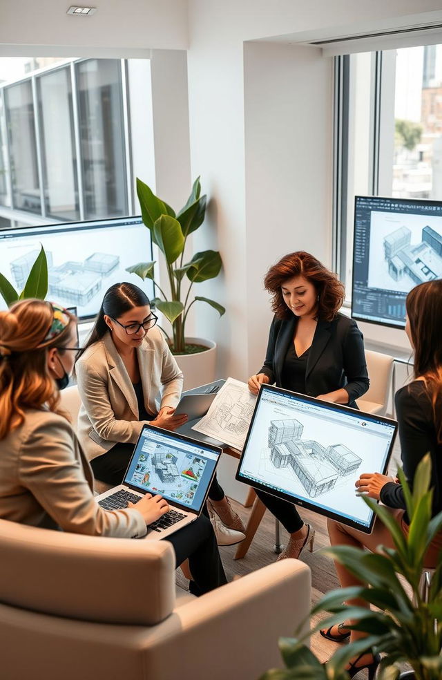 A group of confident and professional women working in an elegant and well-lit office environment, using AutoCAD software on their laptops and large monitors