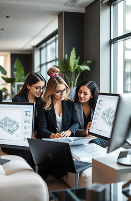 A group of confident and professional women working in an elegant and well-lit office environment, using AutoCAD software on their laptops and large monitors
