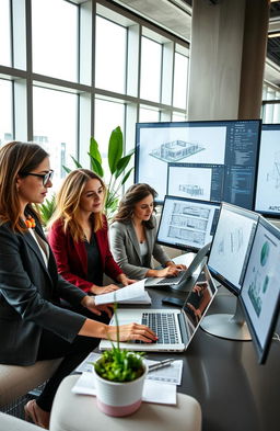 A group of confident and professional women working in an elegant and well-lit office environment, using AutoCAD software on their laptops and large monitors