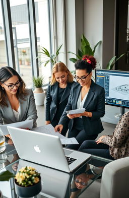 A group of confident and professional women working in an elegant and well-lit office environment, using AutoCAD software on their laptops and large monitors