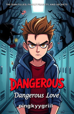 A colorful and engaging cartoon cover for a high school mystery story titled 'Dangerous Love' featuring a plot filled with revenge, family drama, and dark secrets