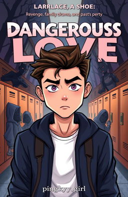 A colorful and engaging cartoon cover for a high school mystery story titled 'Dangerous Love' featuring a plot filled with revenge, family drama, and dark secrets