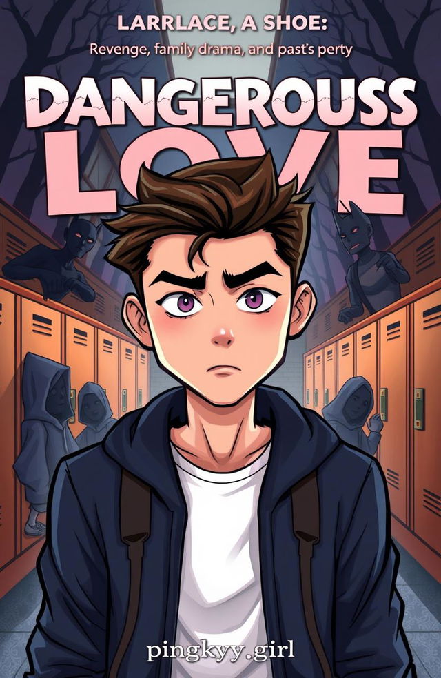 A colorful and engaging cartoon cover for a high school mystery story titled 'Dangerous Love' featuring a plot filled with revenge, family drama, and dark secrets