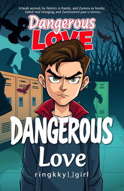 A colorful and engaging cartoon cover for a high school mystery story titled 'Dangerous Love' featuring a plot filled with revenge, family drama, and dark secrets