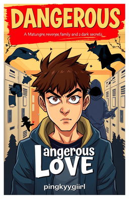 A colorful and engaging cartoon cover for a high school mystery story titled 'Dangerous Love' featuring a plot filled with revenge, family drama, and dark secrets