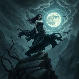 An elaborate and darkly enchanting landscape featuring Lilith as a striking and formidable figure