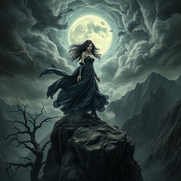 An elaborate and darkly enchanting landscape featuring Lilith as a striking and formidable figure