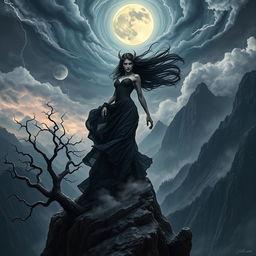 An elaborate and darkly enchanting landscape featuring Lilith as a striking and formidable figure
