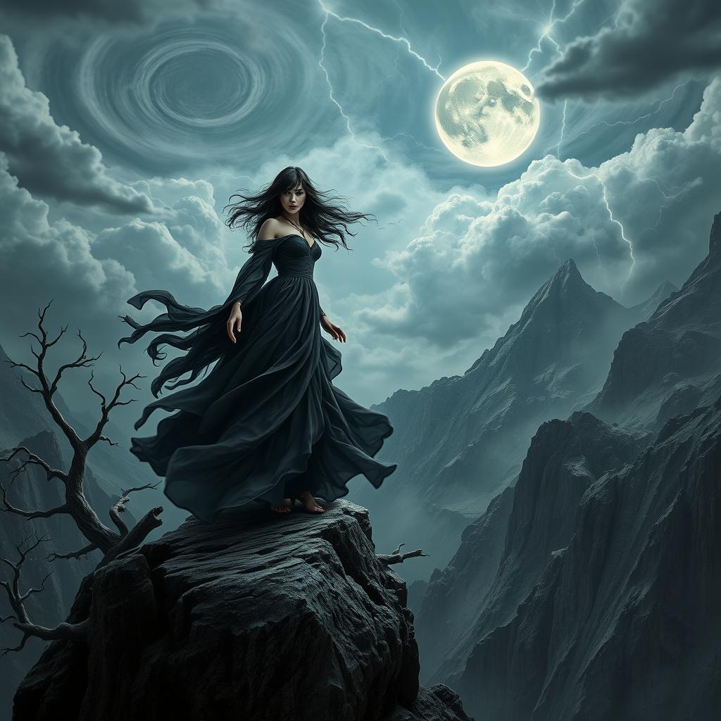 An elaborate and darkly enchanting landscape featuring Lilith as a striking and formidable figure