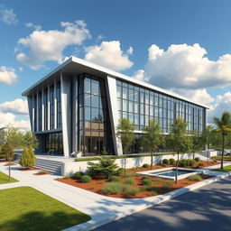 A highly detailed and realistic rendering of an architectural design showcasing a modern office building
